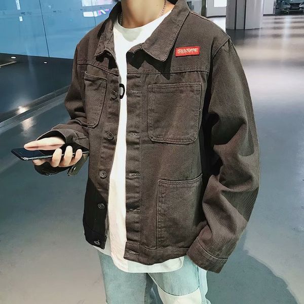 

2019 men denim jacket male teenagers loose long-sleeved autumn students jacket bf ripped hole camouflage denim clothing coat, Black;brown