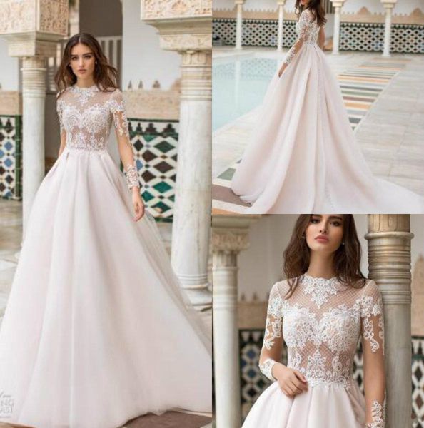 

naviblue 2019 a line wedding dresses jewel neck long sleeve lace bridal gowns abiti da sposa sweep train custom illusion wedding dress, White