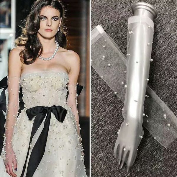 

2019 elegant pearls beaded gloves for woman dance long tulle fingerless, Blue;gray