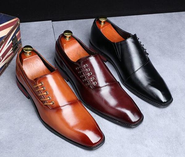 

men leather shoes new style formal dress wedding shoes red wine british style business office lace-up leather loafers, Black