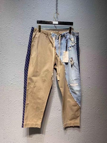 

men baggy fit distressed denim patchwork khaki ankel length pants, Black