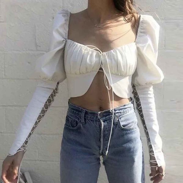 

ladies blouses for women hollow out lacing bandaged long sleeve square neck shirt short blouse cotton exposed navel 2 colors, White