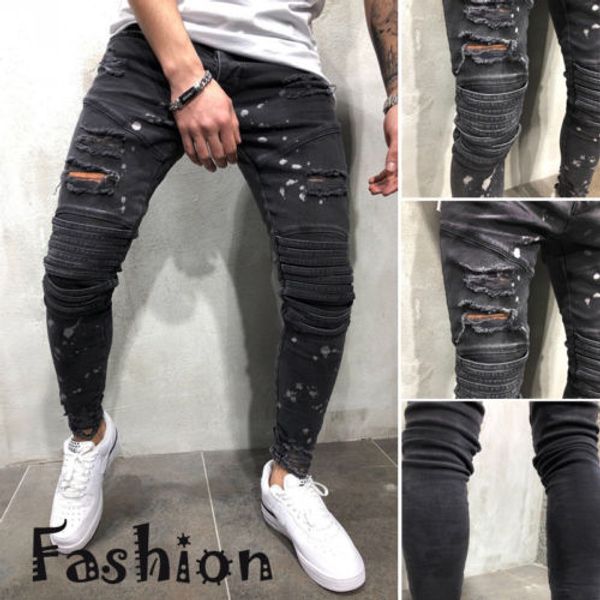 Fashion Men/'s Ripped Skinny Jeans Destroyed Frayed Slim Fit Denim Pant Zipper