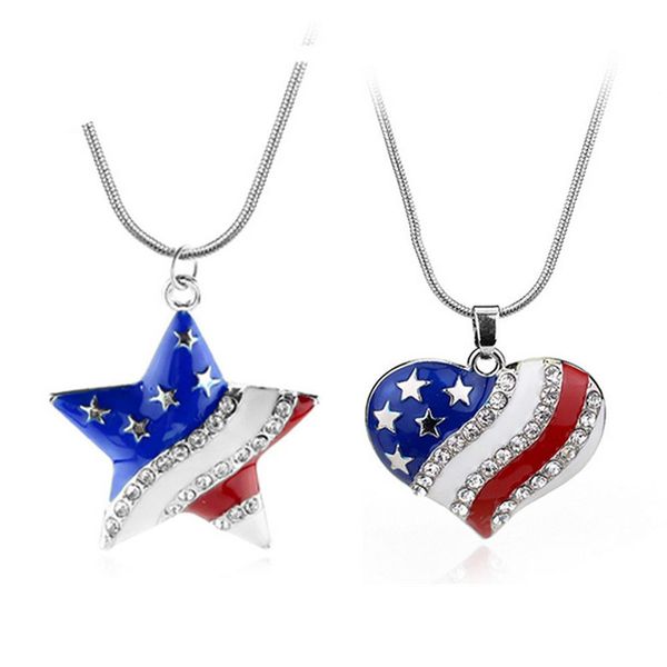 

american flag heart five-pointed star pendant necklace rhinestone chain necklace jewelry accessories for gift party ing, Silver
