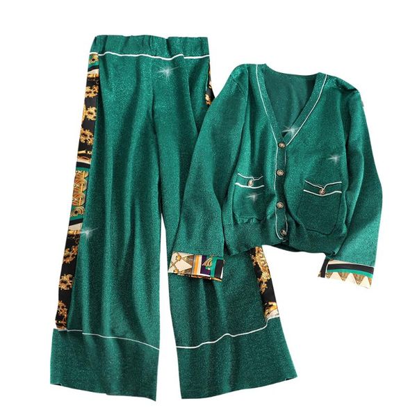 

яркий шелк весна осень v-образным вырезом трикотажные кардиган пальто + широкий ноги брюки две кусок наборы женщин, White