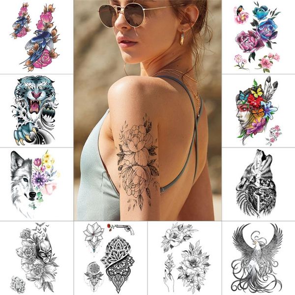 

dragon scorpion temporary tattoo stickers pink red ink flower waterproof tattoos wolf birdie body art tattoo for men women