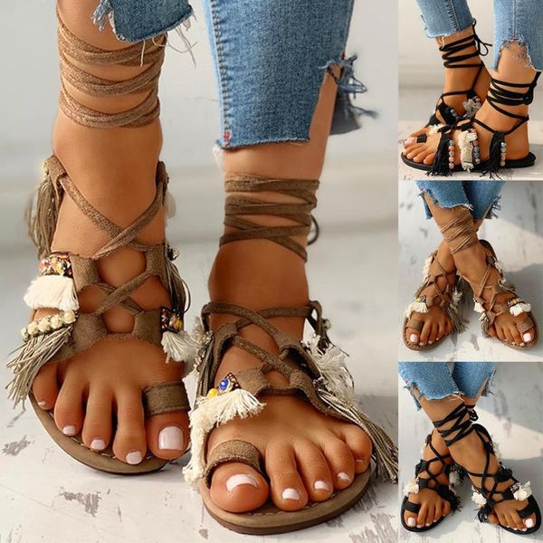 

women's bohemian sandals fashion casual fringe multi-strap crisscross lace-up sandals flat shoes woman platform 2020 new, Black