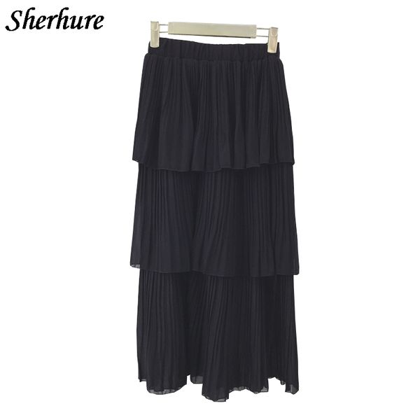 

2018 korean style summer skirt women solid chiffon a-line skirts female slim beach long skirts saias cake streetwear jupe, Black