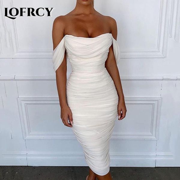 

lofrcy chiffon draped sleeve off the shoulder ruched bodycon midi dress summer white mesh elegant daily outfits wear party dress, Black;gray