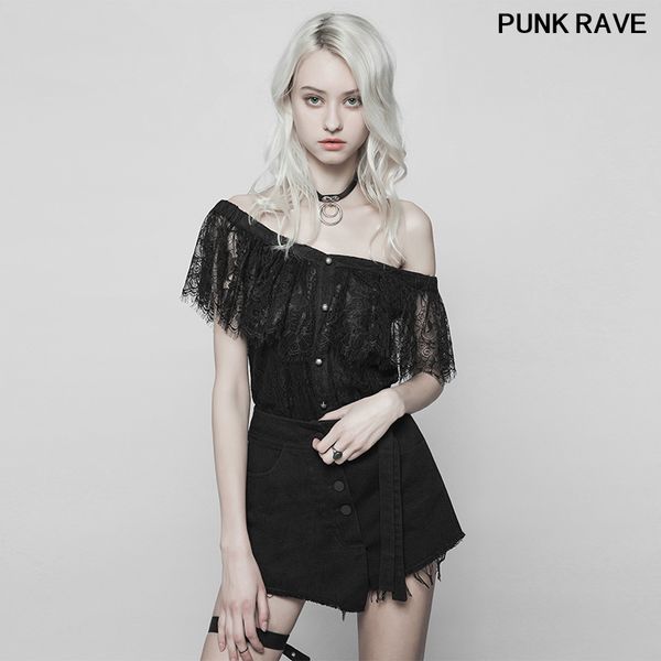 

women's tanks & camis fashion personality party club condole belt gothic two wear off shoulder strap lace women t shirt punk rave, White