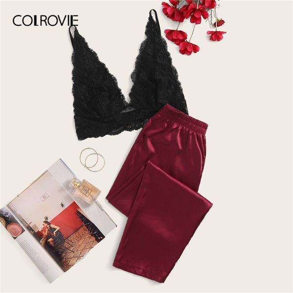 

colrovie floral lace bralette with satin pants 2019 summer long sets solid pajamas women sleepwear ladies pajama set, Black;red