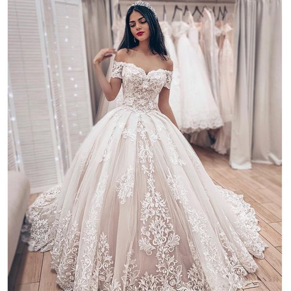 

plus size ball gown wedding dresses appliqued lace new off-shoulder beaded tulle bridal gowns custom made bride dress vestido de noiva, White