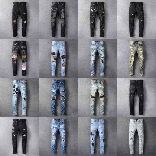

2020 amiri mens distressed ripped biker jeans slim fit motorcycle denim for men fashion designer hip hop man pants good quality clothing, Blue