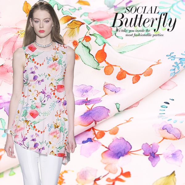

19 new summer colour digital print crepe de chine brand fabric dress 114cm width 16momme fashion cloth diy seiwng ing, Black;white