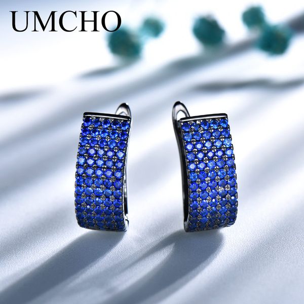 

umcho solid silver 925 jewelry round created nano blue gemstone clip earrings for women party birthday gifts charms fine jewelry, Golden;silver