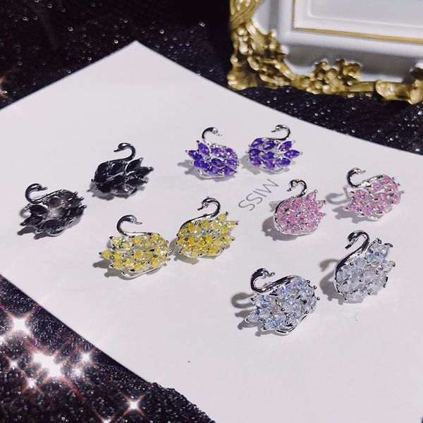 

color diamond crystal swan stud earrings female light luxury elegant zircon s925 sterling silver needle es2s018, Golden;silver