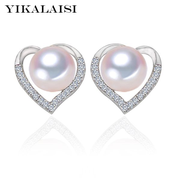 

yikalaisi 925 sterling silver natural freshwater love pearl stud earrings fashion jewelry for office women 8-9mm pearl 5 colour, Golden;silver