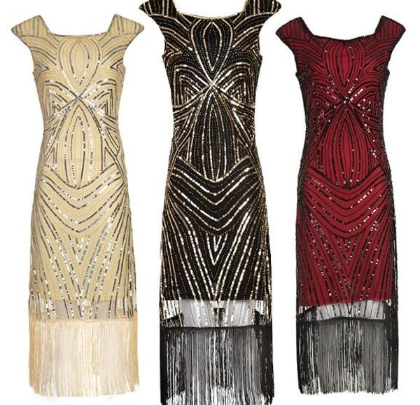 

wholesale 1920s sequined embellished tassels hem flapper dress vintage great gatsby party dress big size, Black;red