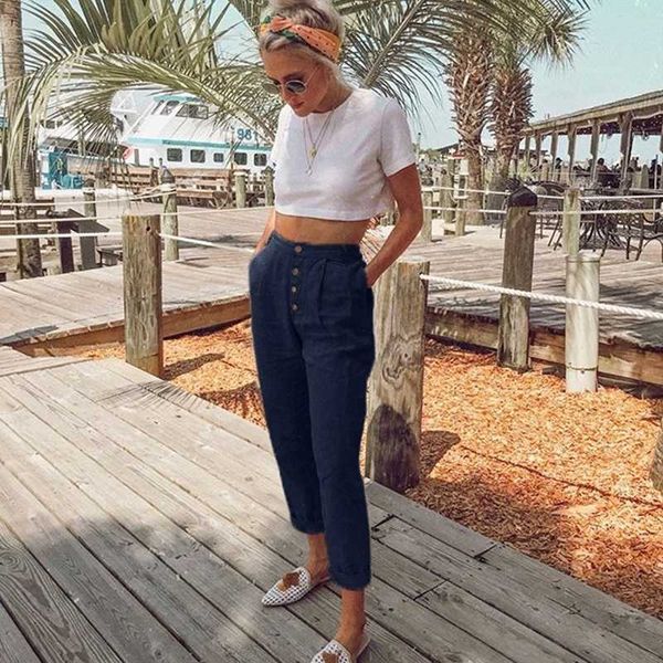 

2020 summer korean female classic high elastic waist harem pants women fashion slim solid color full length pants, Black;white