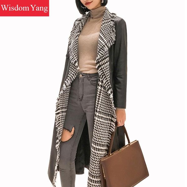 

autumn black tassel real sheepskin genuine leather windbreaker coat women long slim trench ladtes overcoat belt coats outerwear