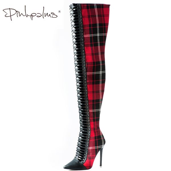 

pink palms women autumn winter shoes red cloth over the knee high heels boots england plaid dress international show boots, Black