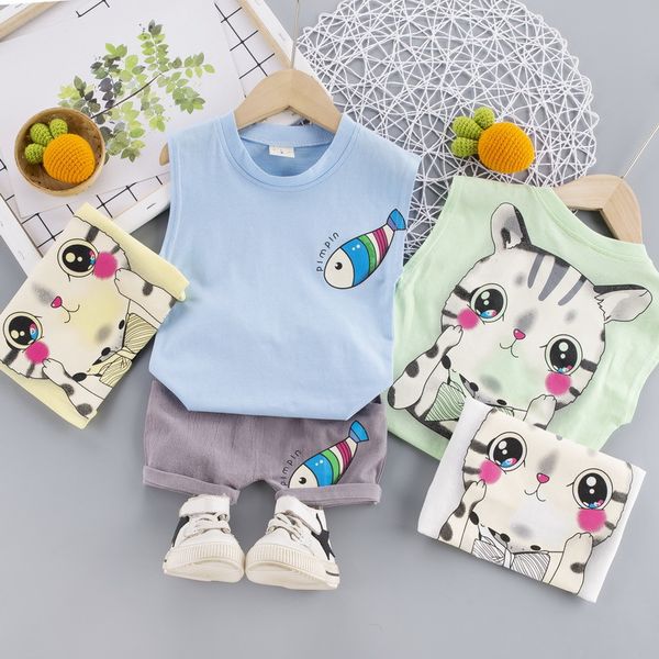 

casual boys clothing summer short sleeve cartoon t-shirts cat print fish shorts toddler kids baby clothes sets 2pcs 6m-4y, White