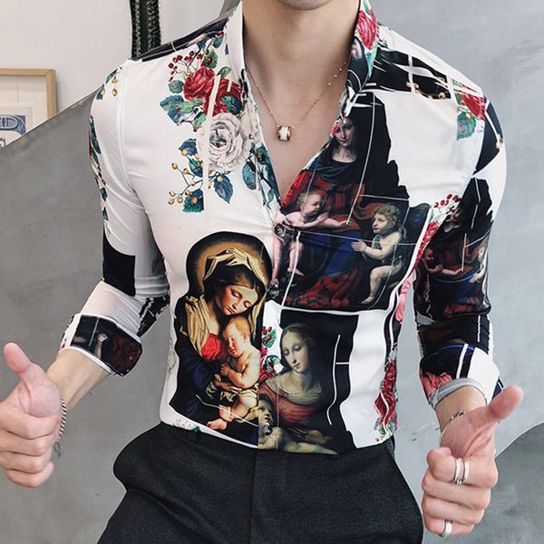 

mens print long sleeve shirt slim fit shirts turn-down collar single breast buttons 2019 fashion men casual social clothes, White;black