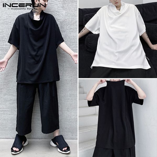 

incerun лето мужчины футболки с коротким рукавом punk streetwear мода нерегулярное воротник корейский tee топы дряблая повседневный мужчины, White;black