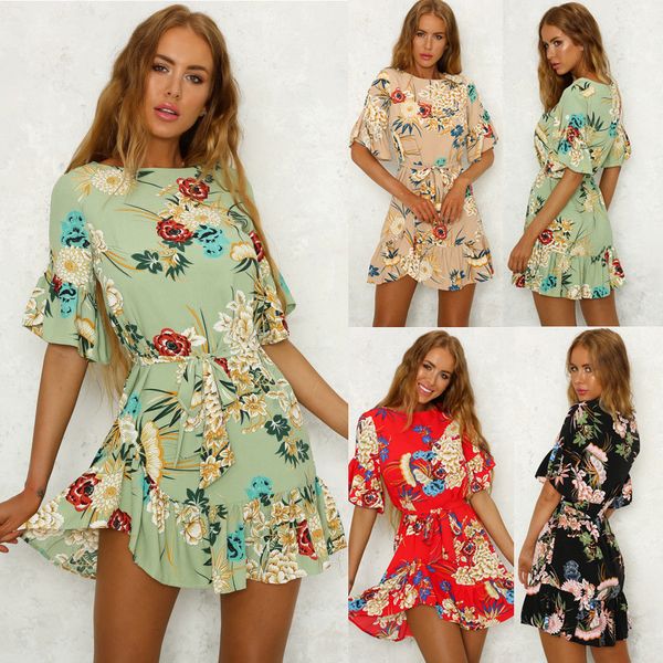 

new women summer casual dress mini party evening short sleeve beach floral dress bohemian beach, Black;gray
