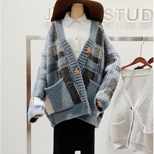 

fashion sweaters women plaid knitting cardigans casual female sweaters 2colors, White