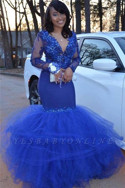 

royal blue русалка пром платья sexy длинные рукава африканский кружева аппликациями вечернее платье черная девочка формальное платье партии, Black