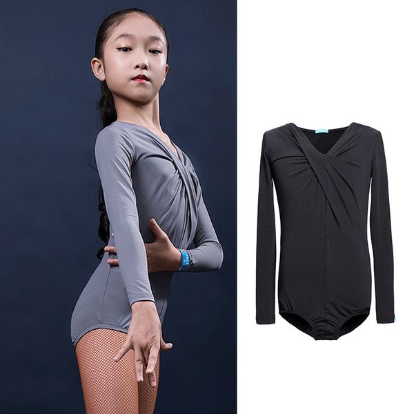 

long sleeve latin bodysuit ballroom ballet practice wear modern dance girl children kid shirt salsa tango samba cha cha, Black;red