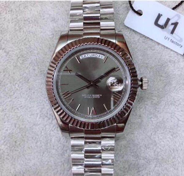 

mens wrist watch day date gray rome number face big date automatic mechanics watch men sapphire glass stainless steel mens watch, Slivery;brown