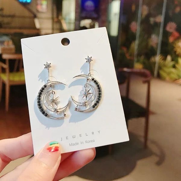 

mengjiqiao new korean hollow star moon drop earrings for women asymmetric delicate zircon fashion pendientes jewelry gifts, Silver