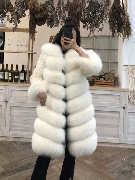 

женщины три четверти полный кусок натурального меха боди пальто длинный ourterwear с рукавами из овечьей шерсти, Black