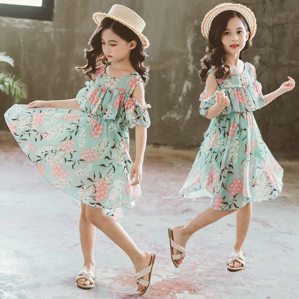 

children clothes 2020 summer floral chiffon dresses kids girls clothing 8 years old cute t200417, Red;yellow