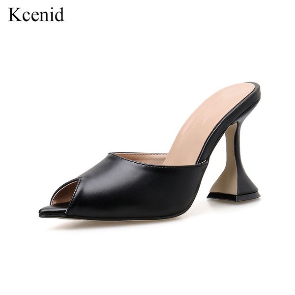 

kcenid 2020 summer shoes woman cup heeled high heels slippers women peep toe slip on mules lady pumps slides shoes plus size 41, Black