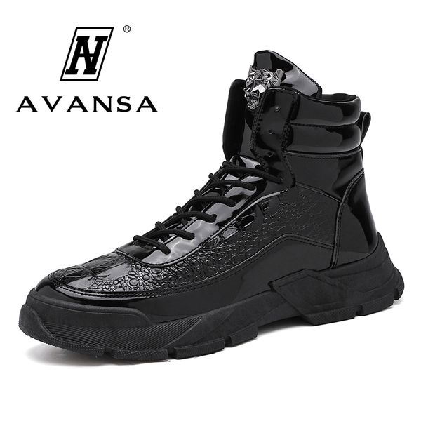 

high glossy leather casual shoes men bling brand designer driving shoes male crocodile pattern pu leather casual ankle boots, Black