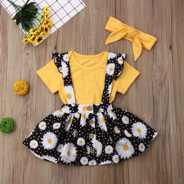 

toddler baby kids girls solid floral outfits solid color t-shirt + daisy flower print strap skirt + hair band set, Red;yellow