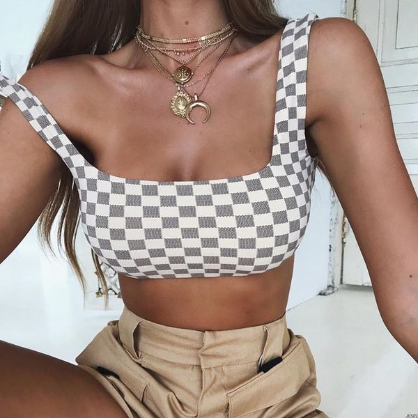 

crop vest bra plaid u neck short sling casual clothes fashion women dresses selling vest, Black;white