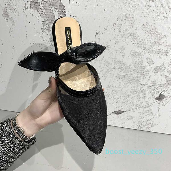 

bowknot мулов обувь женщины с низким каблуке женская обувь мулы трусы остроконечные toe женщина тапочки летние сандалии zapatos mujer b35, Black