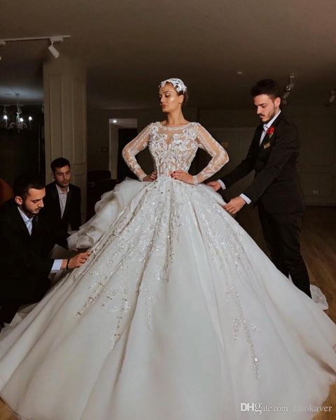 

luxury lace appliqied ball gown wedding dress long sleeves crystals beaded open back tiers court train country bridal gowns, White