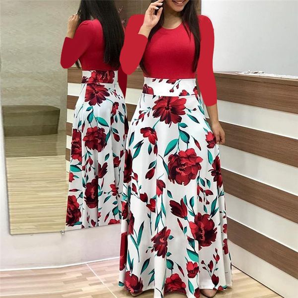 

Women Elegant Floral Print Dress Autumn Winter Patchwork Maxi Dress Casual Long Sleeve Vintage Dot Boho Bohemia Beach Long
