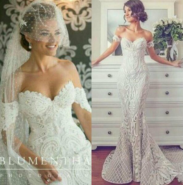 

new vintage lace mermaid wedding dresses off shoulder crystal beads bridal gowns appliques trumpet vestidos plus size beach wedding dress, White