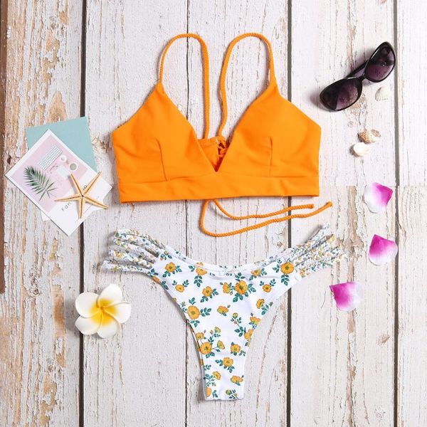 

girl bikini low waisted push-up two-piece pad bandage beachwear suits brazilian girls flower swim female swimwear