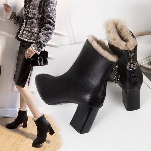 

short boots female thick with gao with square head after zipper england wind boots thin and thin short bare, Black