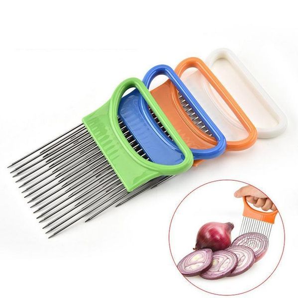 Forchetta porta cipolla facile da tagliare Forchetta in acciaio inossidabile + affettatrice di verdure in plastica Taglierina per pomodoro Ago per carne in metallo Gadget per carne Frok c210