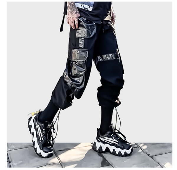 

multi-pocket bright leather patch sweatpants men functional tactical punk high street style pant men fashion streetwear student, Black
