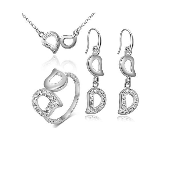 

japan and south korea 2019 fresh fashion simple inlaid zircon hollow d-letter ladies ring necklace earrings set wholesale, Silver