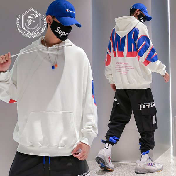 

golomise men loose large size print hip hop sweatshirts with hooded, Black